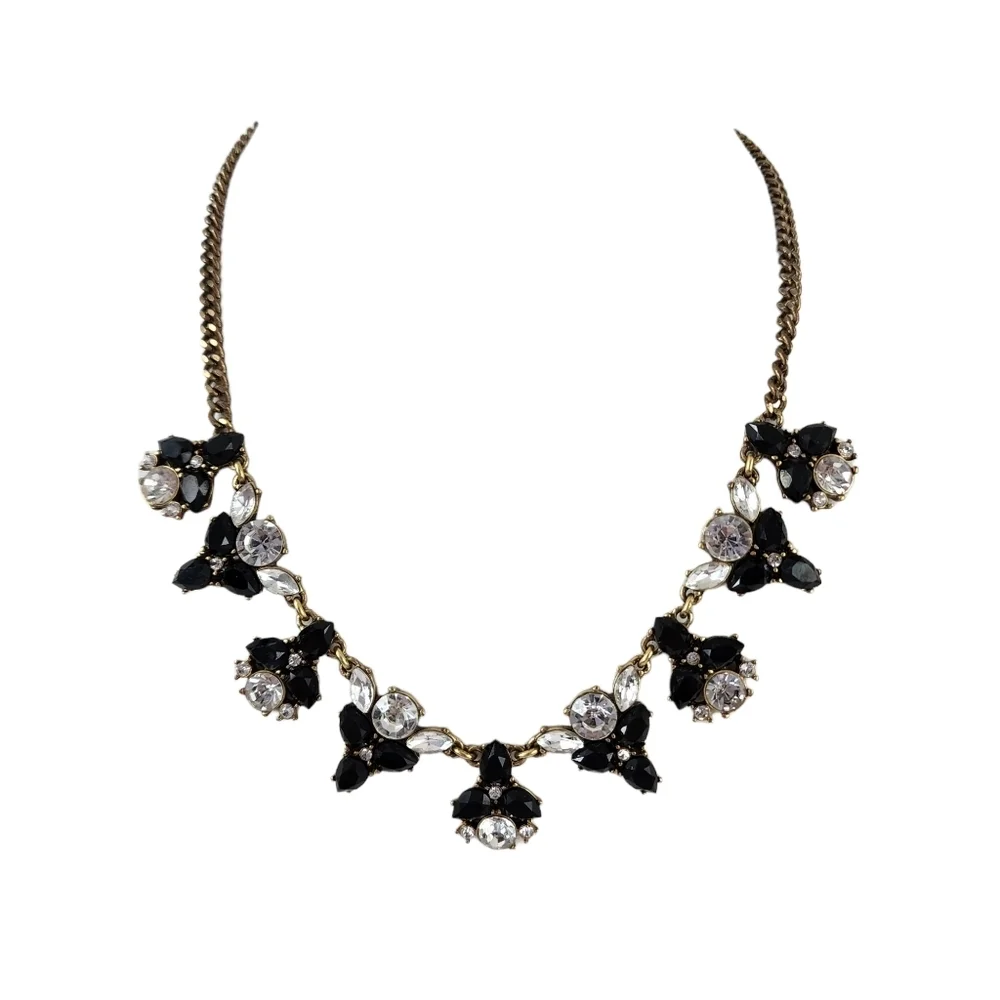 J. Crew Statement Necklace Black and Brilliant Rhinestones A0279